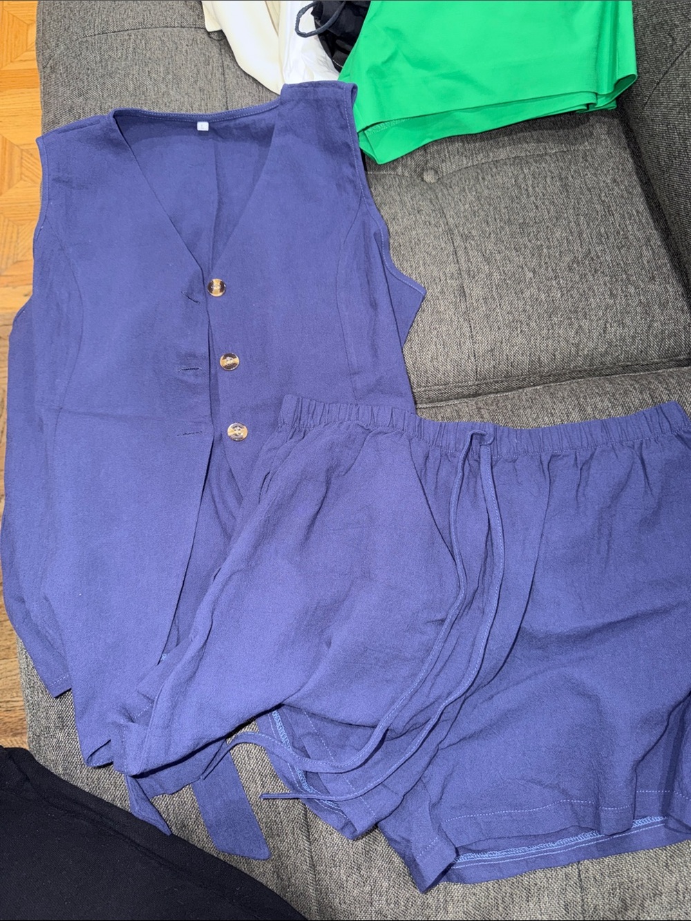 Sleeveless Button-Front Top & Elastic Waist Shorts Set - Blue
